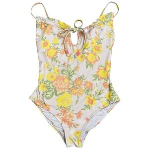 Aerie Floral One Piece Cheeky Swimsuit Women XS Pink Yellow Ruffle Keyhole